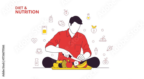 Illustration of a man cutting fruit and vegetables to promote healthy nutrition