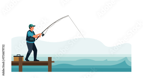 Illustration of a man fishing on a pier, perfect for recreational and outdoor themes