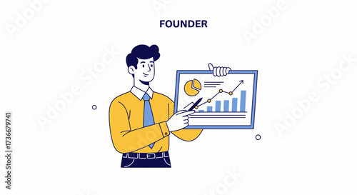 Illustrated business founder presenting a financial graph and analysis for growth and success