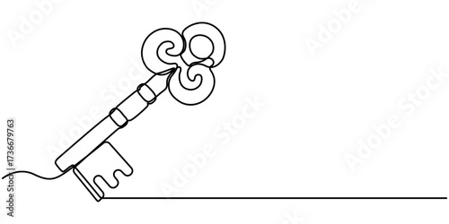 Continuous One line drawing of Antique Key. Symbolizing mystery with a minimalistic key design, Security concept continuous line art. Editable outline. 