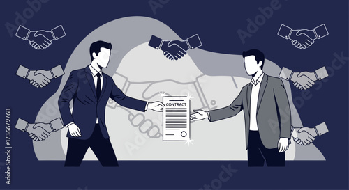 Illustrated Contract Handover Depicting Two People, Agreements And Business Dealings