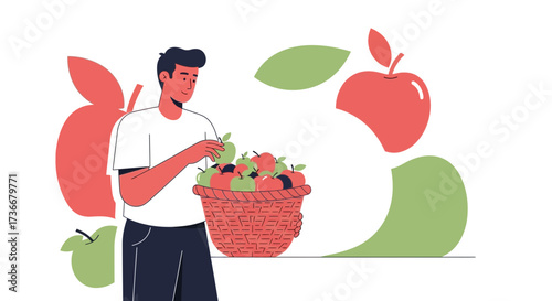 Illustration of a man gathering apples from a basket, farming harvest concept