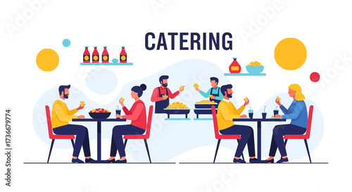 Illustrated Catering Service Featuring Smiling People Enjoying Food Together