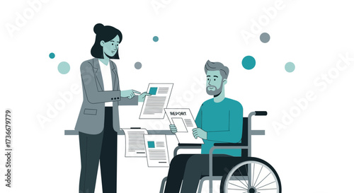 Illustrated consultation about report and wheelchair user, medical and health consultation concept