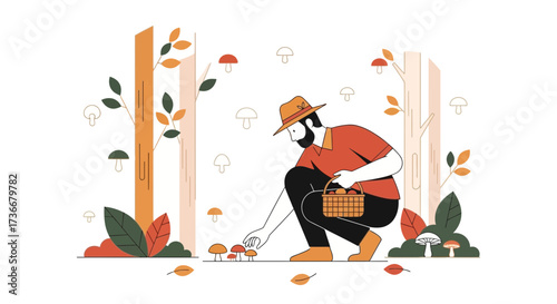 Illustration of a man foraging for mushrooms in a forest during autumn season