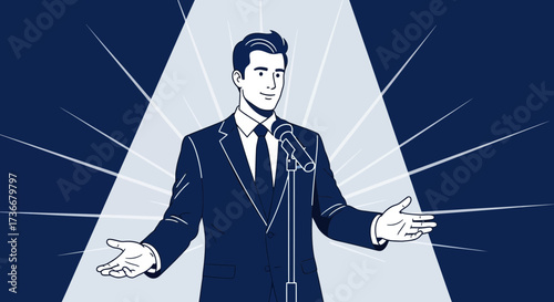 Illustration of a man giving a speech on stage with a microphone under the spotlight