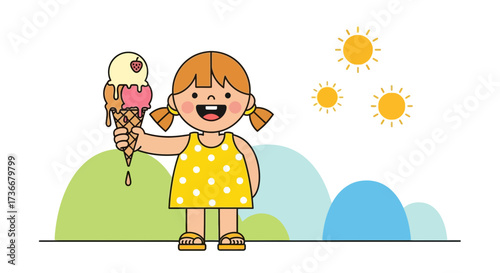 Illustrated girl enjoying ice cream on a bright sunny day with cheerful expression