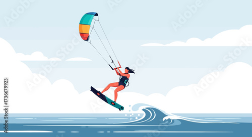 Illustrated woman kitesurfing over the ocean in a beautiful summer day, sports illustration