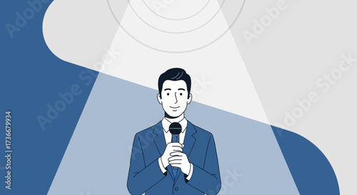 Illustration of a man holding a microphone on a stage with a spotlight, presentation