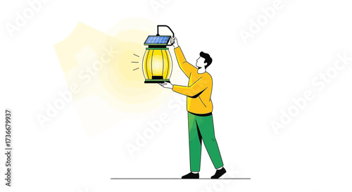 Illustration of a man holding a solar powered lantern with stylized design