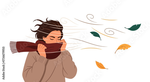 Illustration depicting a person with a scarf protecting from wind and autumn falling leaves