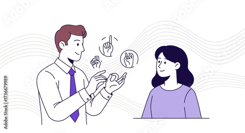 Illustration depicting communication and interaction using sign language in a conversation