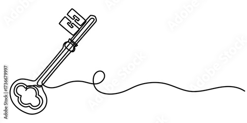 Continuous One line drawing of Antique Key. Symbolizing mystery with a minimalistic key design, Security concept continuous line art. Editable outline. 
