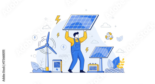 Illustration depicting renewable energy sources such as solar and wind in an eco-friendly way