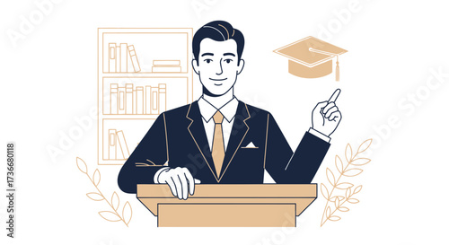 Illustration of a man in a suit giving a speech associated with education and knowledge