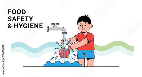Illustration Depicts Food Safety Measures, Highlighting Washing Fresh Apples for Consumption