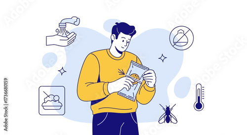 Illustration depicts food safety practices including washing hands and avoiding food waste