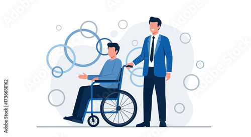 Illustration of a man in a wheelchair with assistance from a business professional