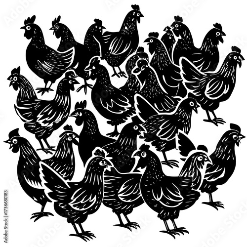 Large Group of Chickens in Black and White Linocut Style