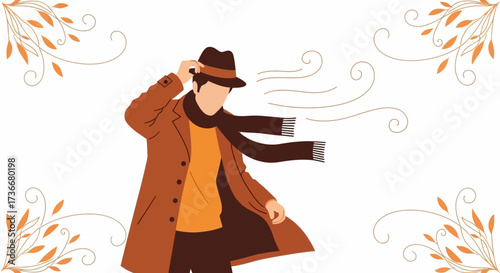 Illustration of a Man in Coat Trying to Hold His Hat in Windy Autumn Weather
