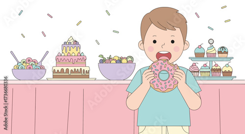 Illustration of a boy eating a donut with desserts and sweets on a pink table