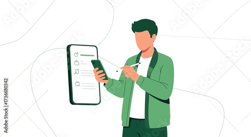 Illustration of a man managing tasks on a smarthpone with a stylus vector style