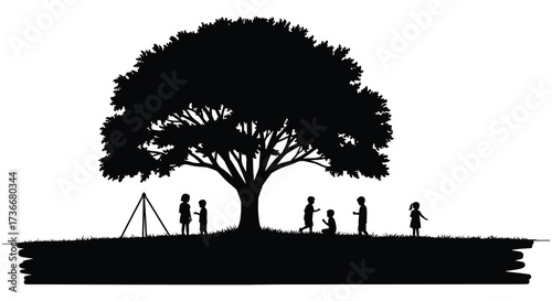 Silhouette of children playing under a large oak tree on a sunny day