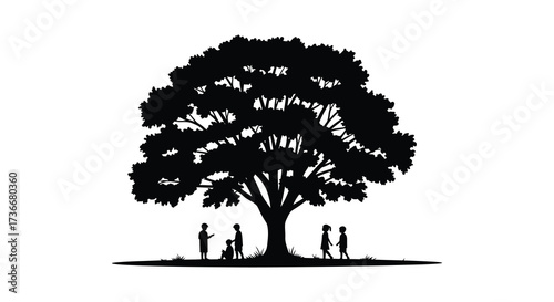 Silhouette majestic oak tree with small figures underneath symbolizing family growth and community nature