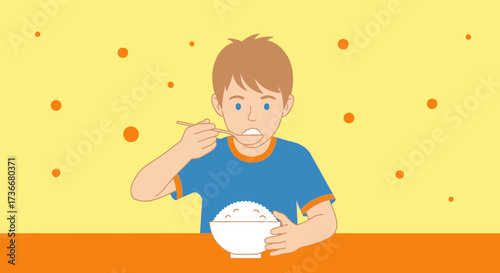 Illustration of a boy eating rice from a bowl with chopsticks in a yellow background