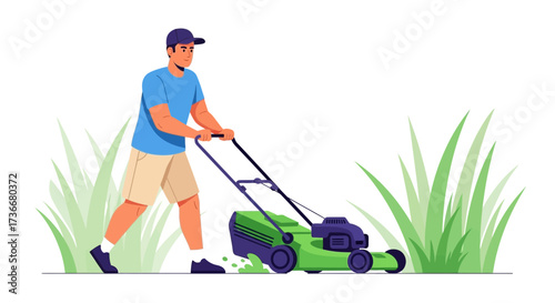 Illustration of a Man Mowing the Lawn with a Lawnmower on a Sunny Day
