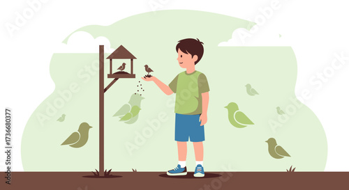 Illustration of a Boy Feeding Birds at a Bird Feeder in a Nature Setting
