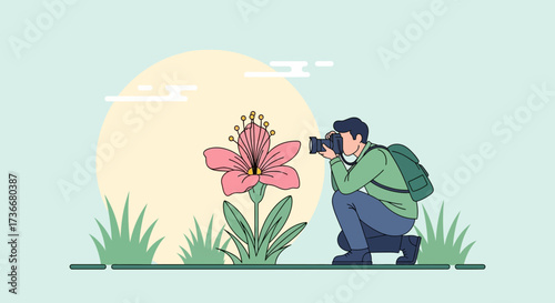 Illustration of a man photographing a flower with a camera surrounded by nature
