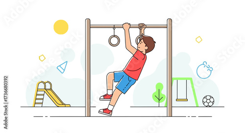 Illustration of a boy exercising on a playground pull-up bar, vector art style