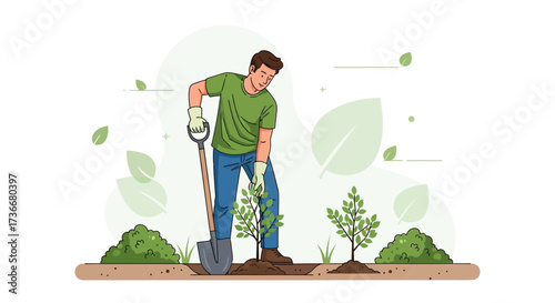 Illustration of a man planting a tree in a garden environment for nature conservation