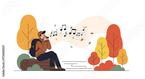 Illustration of a man playing harmonica and enjoying nature's music in autumn season