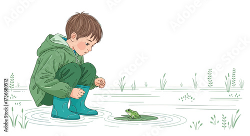 Illustration of a boy observing a frog in a pond during a sunny, cheerful day