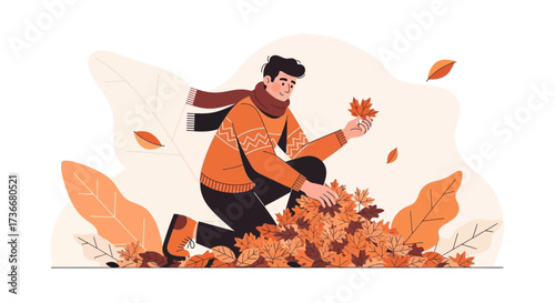 Illustration of a man playing in a pile of autumn leaves collecting them in fall
