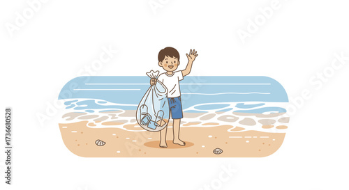 Illustration of a boy on a beach, collecting trash, waving and helping the environment