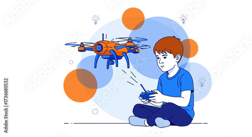 Illustration of a Boy operating a Drone with a Controller in Graphic Style