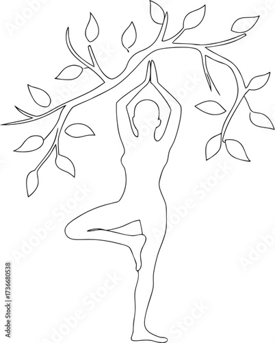 person balancing-in tree yoga pose one line art, vector illustration, transparent background.