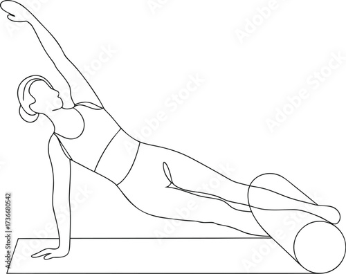 Woman doing Pilates with mat one line art vector illustration transparent background.
