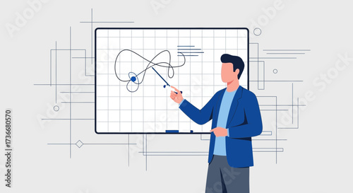 Illustration of a man presenting a business analysis on a whiteboard graphic