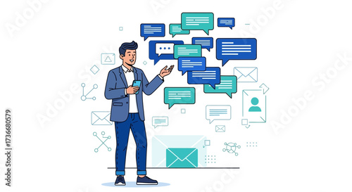Illustration of a man presenting communication concept with chat bubbles and smartphone
