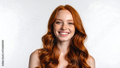 A joyful redhead woman with a radiant smile and wavy hair against a simple white backdrop.