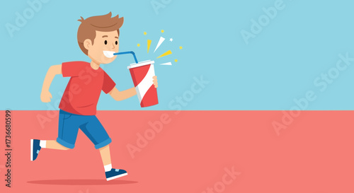 Illustration of a boy running and drinking soda representing joy and refreshing beverage