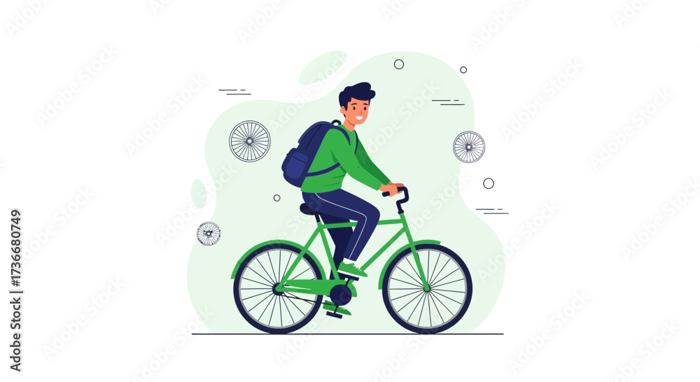 Fototapeta premium Illustration of a man riding a green bicycle with a backpack on, enjoying the outdoors