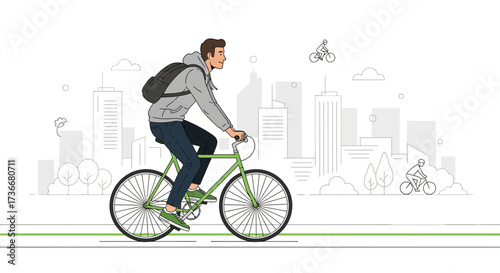 Illustration Of A Man Riding A Bicycle In The City With A Backpack On His Back