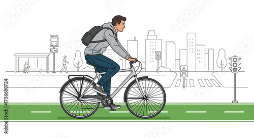 Illustration of a man riding a bicycle in the city, active lifestyle and environment
