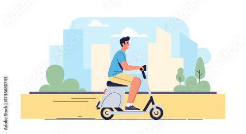 Illustration of a man riding an electric scooter in a dynamic urban environment