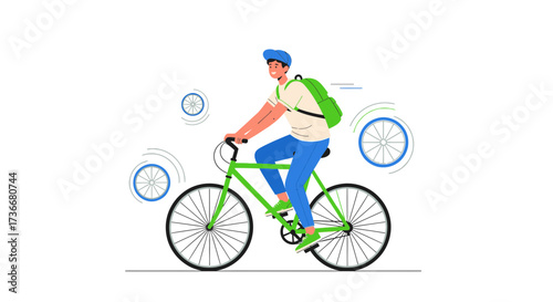 Illustration of a man riding a green bicycle with a backpack, against a white background